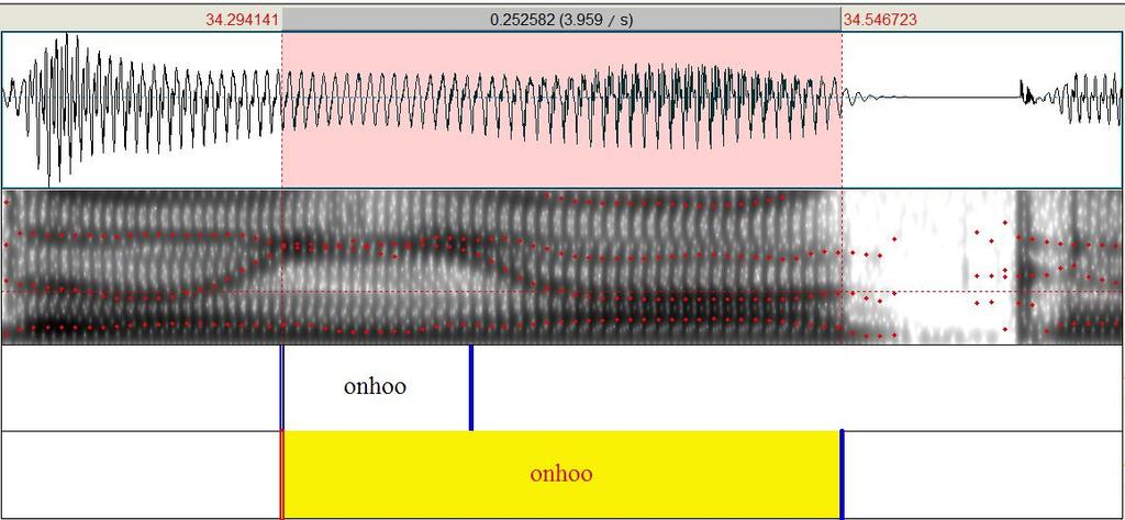 Figura 53. Representação de F2 para nasal palatal propriamente dita Fonte: Elaborada pelo autor. Percebemos que o F2 forma uma parábola, misturando-se ao F3 e ao final do segmento apresenta uma queda.