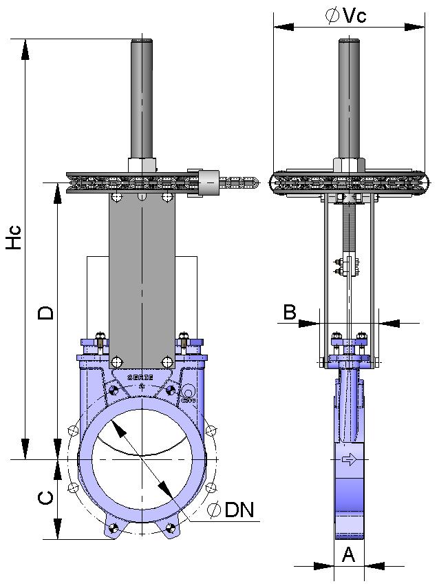 VOLANTE-CORRENTE Muito utilizado em instalações elevadas de difícil acesso; o volante é colocado na posição vertical. B = Largura máx. da válvula (sem accionamento).