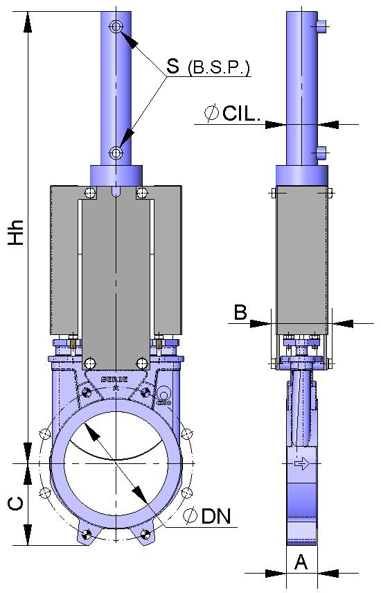 ACCIONAMENTO HIDRÁULICO B = Largura Máx. da válvula (sem accionamento) O accionamento hidráulico é composto pelo seguinte: - Cilindro hidraulico - Ponte Disponibilidade: da DN 50 a DN 2000.