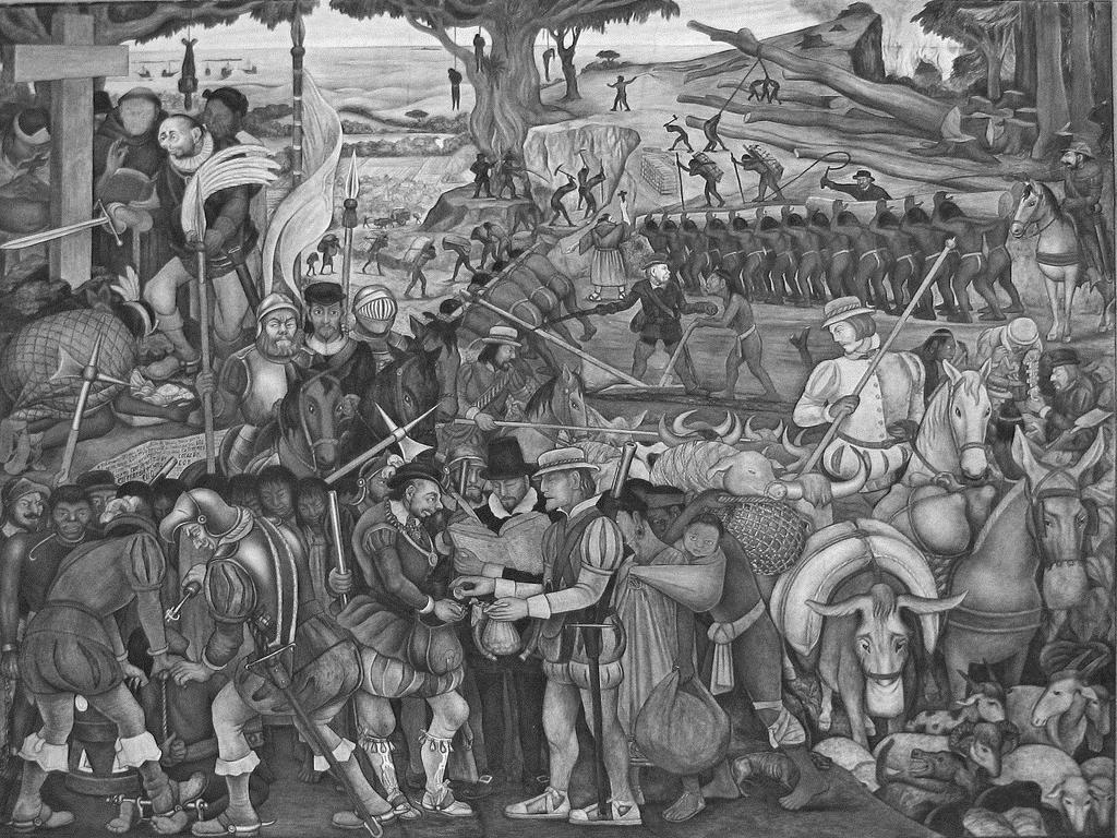 QUESTÃO 7 Observe a chegada do espanhol Hernan Cortés em Veracruz, conforme retratada por Diego Rivera.