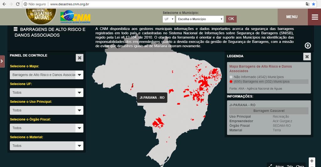 Figura 1 Mapa de barragens de alto risco e danos associados disponível no Observatório dos Desastres Fonte: ANA, elaboração área técnica de proteção e defesa civil da CNM.