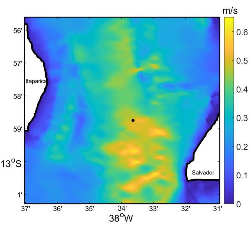 Figura 22: Campo de magnitude média das correntes de maré no canal de Salvador, entre meses de janeiro e junho de 2015. Ponto preto marcando a posição onde foi feito o fundeio do ADCP.