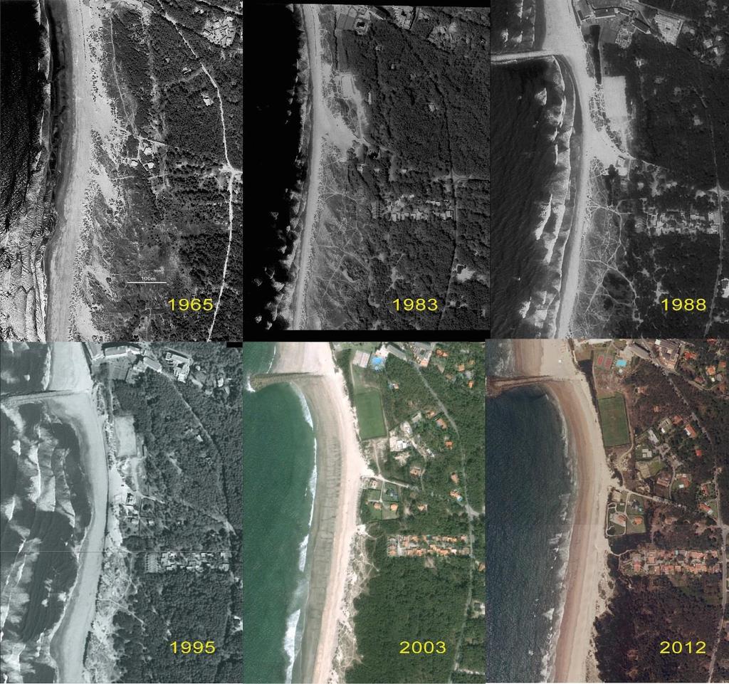 Figura 4 - Evolução da praia da Bonança, em Ofir - Esposende, entre os anos de 1965 e 2012 Embora não haja a desejável disponibilidade de linhas de costa vetorizadas para todo o trecho