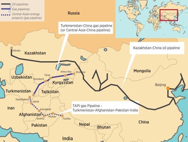 FIGURA 4. Infraestrutura energética da Ásia Central. Fonte: Natalia Mikhaylenko. Disponível em: <http://www.russia-direct.org/analysis/china-russia-and-new-great-game-central-asia>.