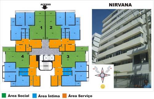 Edifício Nirvana - possui fachada principal (voltada para a rua) orientada a leste e apresenta apartamentos anteriores e posteriores iguais dois a dois.