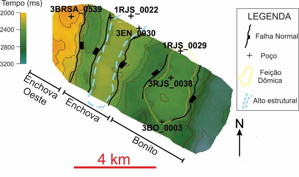 Figura 15 - Contorno estrutural do Topo da Formação Quissamã na região dos campos de Enchova