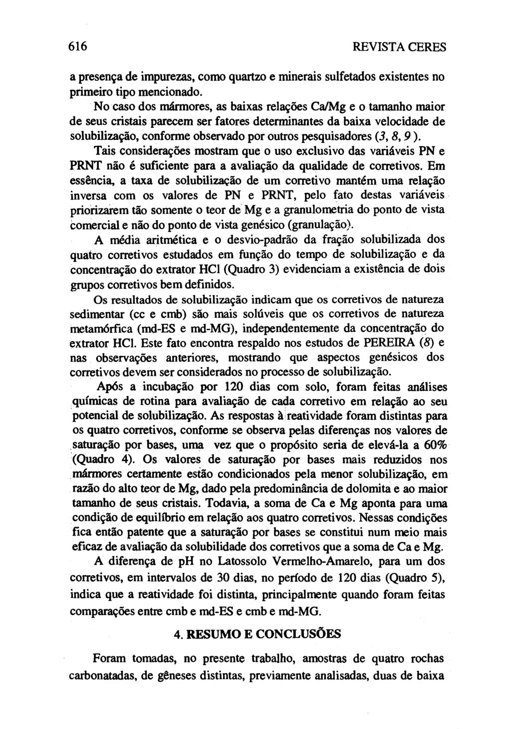 616 REVISTA CERES a presença de impurezas, como quartzo e minerais sulfetados existentes no primeiro tipo mencionado.