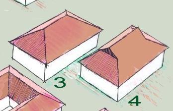 O telhado de quatro águas (3,4) era a cobertura mais comum nos