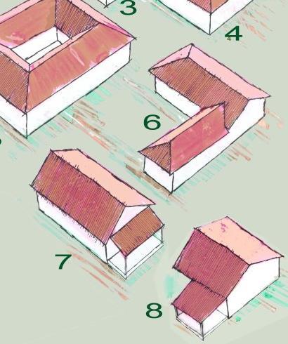 O pavilhão composto em forma de L (6) era uma solução intermediária entre o pavilhão e o claustro.