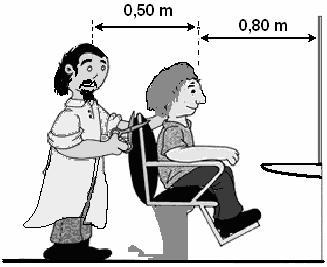 8) (CESGRANRIO - RJ) - Sentado na cadeira da barbearia, um rapaz olha no espelho a imagem do barbeiro, em pé atrás dele. As dimensões relevantes são dadas na figura.