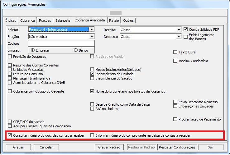 4. Selecione a opção Consultar número do doc. Das contas a receber. 5. Grave as alterações e realize a emissão do boleto, modelo H-Internacional. 6. Verifique a composição do campo Num. Do Documento.