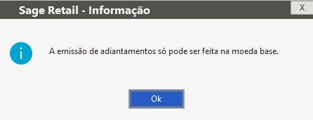 O adiantamento pode unicamente ser descontado na fatura e, embora seja mostrado no ecrã de recibos, não pode ser liquidado pela opção de Recebimento/Pagamento (apresenta-se bloqueado):