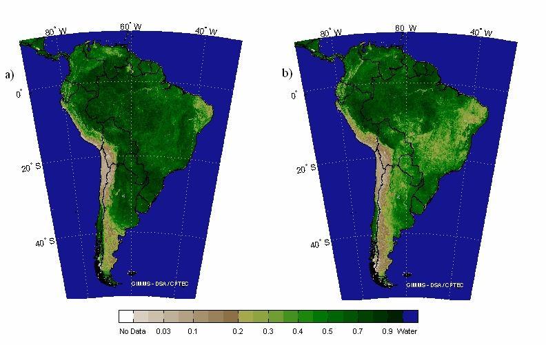 A partir das composições mensais descritas acima, uma climatologia de NDVI médio, máximo e mínimo foi gerada para o continente Sul Americano.
