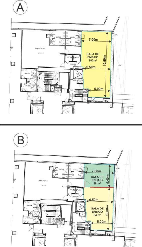 5.7. SALA DE ENSAIO/CAMARIM COLETIVO: localizados no 2º pavimentodaáreadeapoio,comumaáreade102,00m²,com piso em freijó aparelhado.