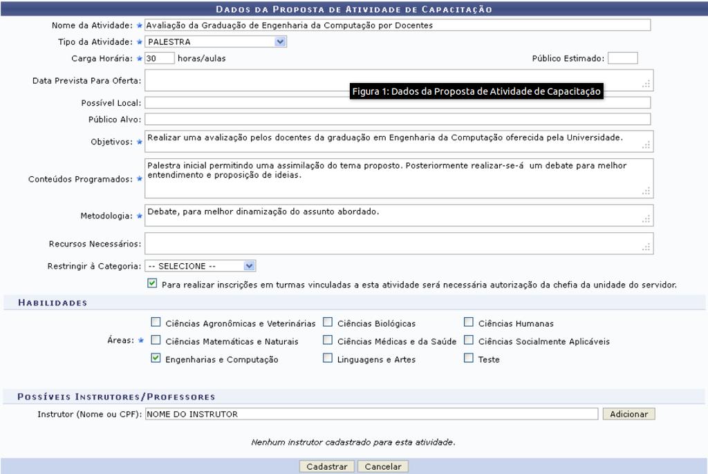 2-Para finalizar o cadastro basta selecionar a área em que se enquadra a capacitação e adicionar o(s) instrutor(es) responsáveis
