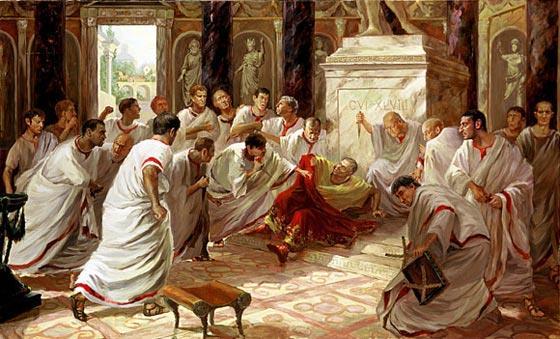 Representação do assassinato de Júlio César, que aparece caído no chão