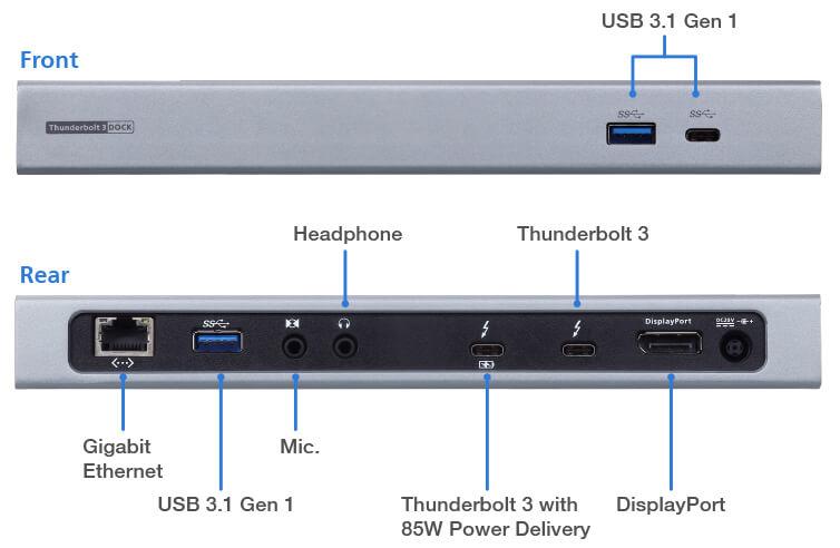 A Base Multiporta Thunderbolt 3 UH7230 liga um portátil a portas Ethernet, DisplayPort, USB-C 3.1 Gen 1, altifalante e microfone através de um só cabo.