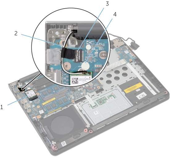 5 Passe os cabos da antena evitando o chip e o círculo branco. 1 placa sem fio 2 cabos da antena (2) 3 chip 4 círculo branco 6 Conecte os cabos da antena à placa sem fio.