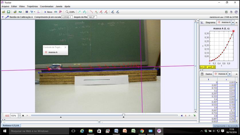 Figura 2 Tela do Tracker correspondente ao experimento proposto sobre a 2 a Lei de Newton. Os triângulos vermelhos são quadros sucessivos do movimento do carrinho.