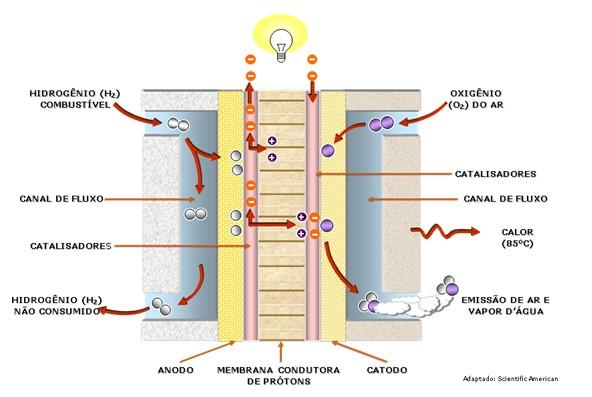 Figura 4 Esquema da geração de energia elétrica em uma célula à combustível de membrana polimérica.