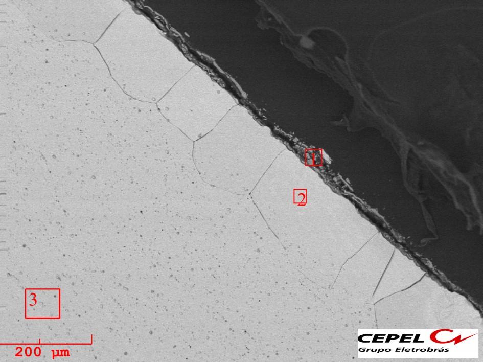 Figura 39 - Micrografia eletrônica de varredura do aço AISI 430 envelhecido com os três pontos onde foram realizados os EDS.