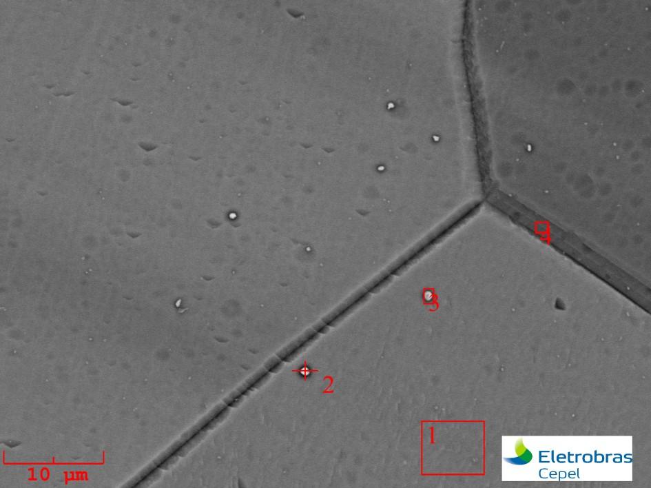 Figura 42 - Micrografia eletrônica de varredura do aço Crofer 22APU como recebido com os dois pontos onde foram realizados os EDS.