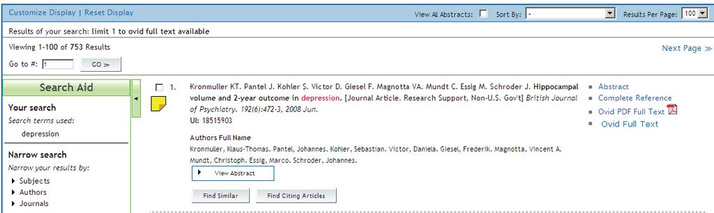 Search Aid está localizada à esquerda da área Results Display. As categorias disponíveis incluem: Your Search, Narrow Search e Broaden Search (nem sempre disponível).