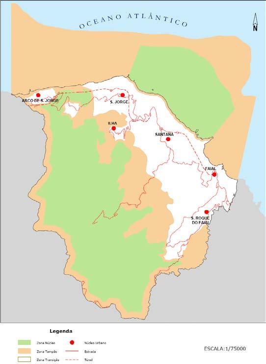Zonamento da Reserva da Biosfera de Santana Zonas Núcleo áreas classificadas sob estatutos de proteção e conservação; Zonas Tampão são as zonas envolventes às zonas núcleo