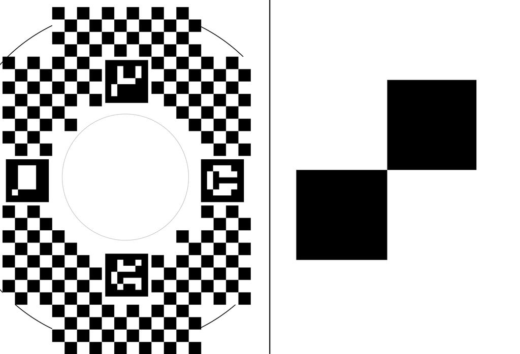 [OpenCV - Open Source Computer Vision 2015]. Esses marcadores são quadrados pretos com quadriculados brancos por dentro.