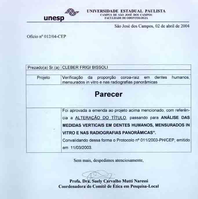 Anexo B Ofício aprovando a alteração do nome do projeto para Análise das medidas verticais em dentes humanos, mensurados