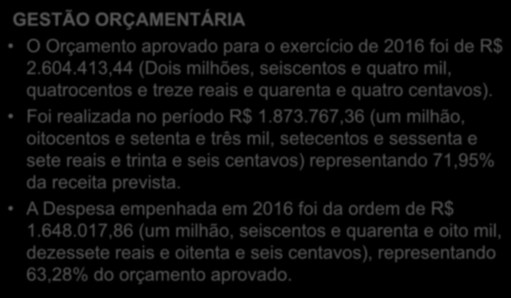 GESTÃO ORÇAMENTÁRIA O Orçamento aprovado para o exercício de 2016 foi de R$ 2.604.413,44 (Dois milhões, seiscentos e quatro mil, quatrocentos e treze reais e quarenta e quatro centavos).