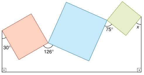 6. (OBM 2006).Três quadrados são colados pelos seus vértices entre si e a dois bastões verticais, como mostra a figura. A medida do ângulo x? a) 39º b) 41º c) 43º d) 44º e) 46º 7. (Vunesp).