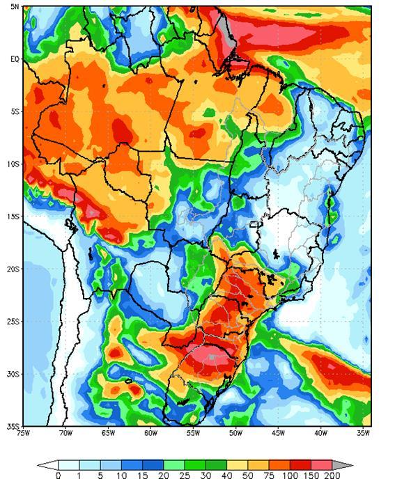 Figura 1 - Precipitação acumulada prevista pelo modelo ETA (CPTEC/INPE) para o período de 05 a 11/01/19 Nas bacias dos rios Paranapanema, Grande, Paranaíba e Iguaçu, e parte das bacias dos rios São