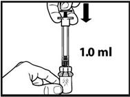 Passo 5: Encaixar a seringa no frasco para injetáveis com solvente Não toque na extremidade da seringa ou do adaptador para frasco para injetáveis enquanto executa esta operação.
