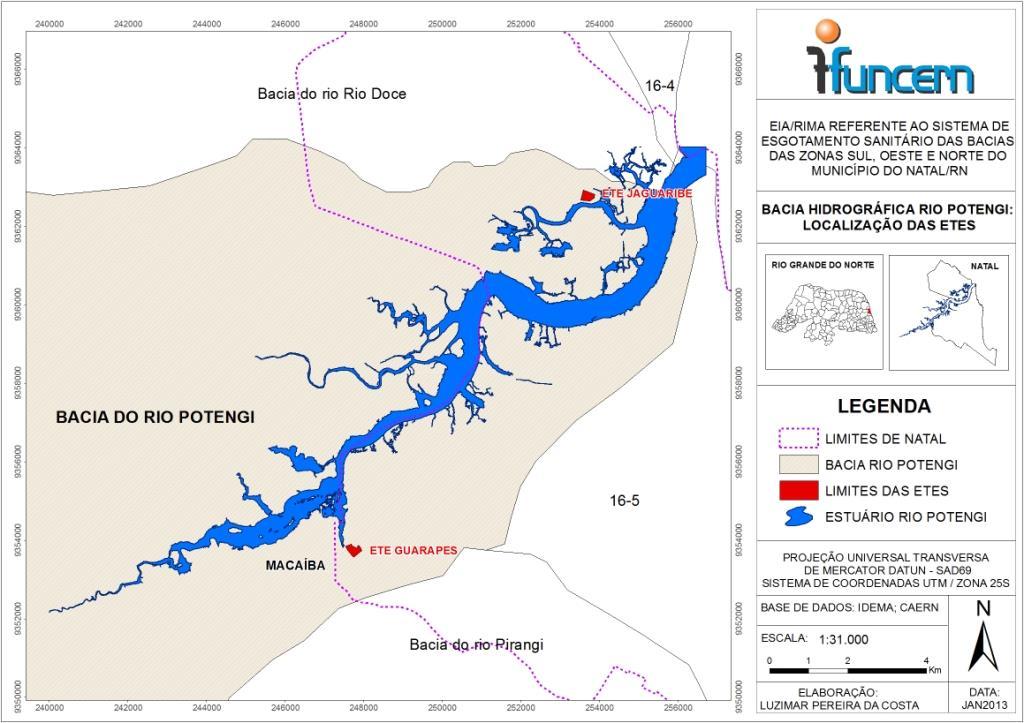 No detalhe da figura 2, próximo da foz do rio Potengi-RN, encontra-se a proposta da ETE Jundiaí/Guarapes, a qual está restrita à margem direita de um pequeno afluente do rio Jundiaí, importante