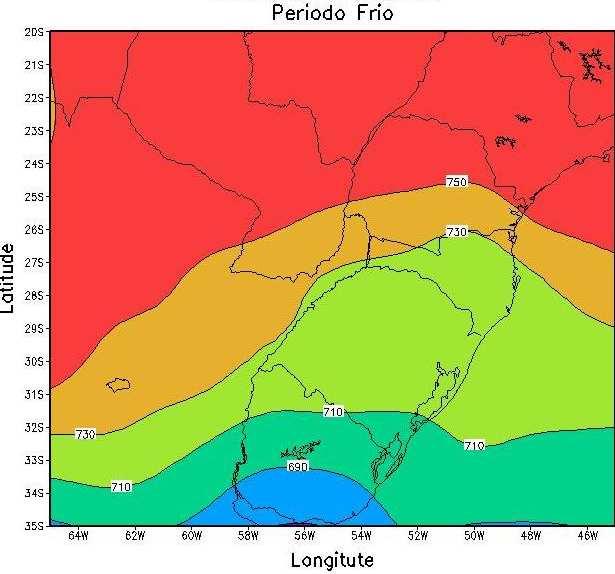 2 é possível visualizar que no período frio (Figura 2b) a emissão de radiação de onda longa mostra um maior valor e uma maior área, conseqüentemente com menor cobertura de nuvens sobre a região,