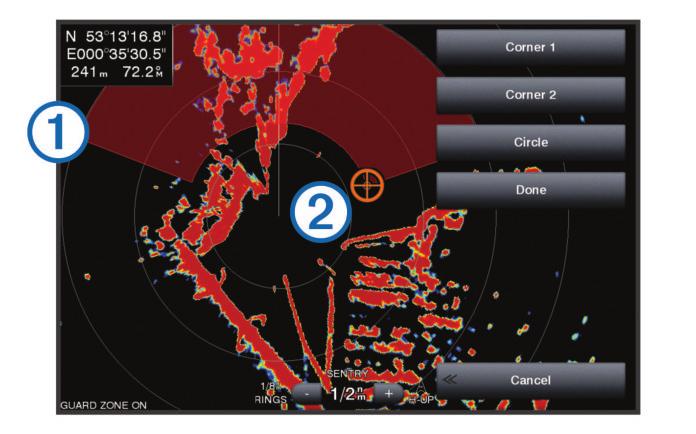 1 Na tela de radar, selecione MENU > Opções do radar > Zona de proteção > > Círculo. 2 Selecione o local do círculo externo da zona de segurança.