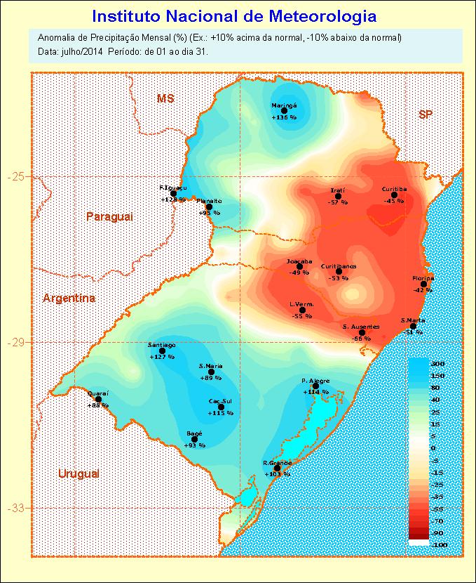 TRIMIESTRE COM CHUVA ACIMA DO PADRÃO Introdução (análise do mês de julho/2014) No mês de julho, as precipitações no Rio Grande do Sul (Figura 1) ficaram abaixo do