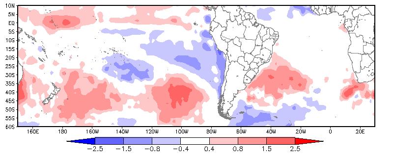 No oceano Atlântico Sul próximo à região Sul/Sudeste do Brasil permaneceu com anomalias