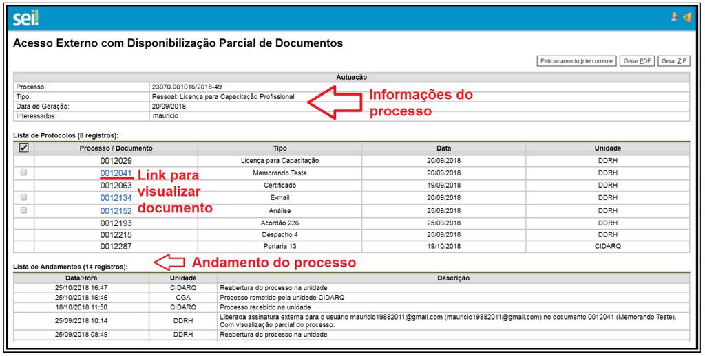 Ao clicar no número do documento, o usuário visualiza o conteúdo do documento. No campo Ações, ao clicar no ícone da caneta, o usuário é direcionado para a tela de assinatura digital.