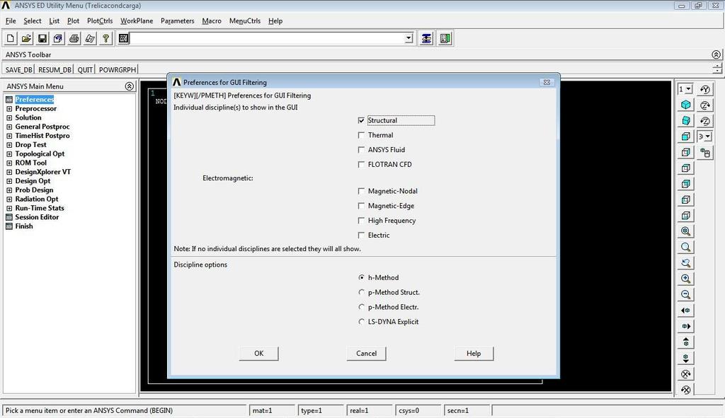 1.3. Escolhe o tipo de análise que se pretende executar, visando filtrar comandos a serem apresentados na telas de entrada: No ANSYS Main Menu clicar em Preferences ; Na nova janela que aparecer, em