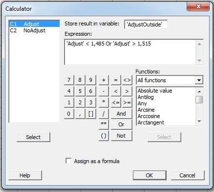 Proporção de Medidas Fora da Especificação Calculadora 1. Selecione Calc>Calculator; 2.