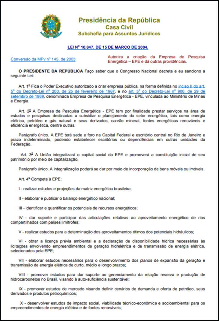 BASE LEGAL Lei nº 10.847, de 15 de março de 2004 - Autoriza a criação da EPE Art.