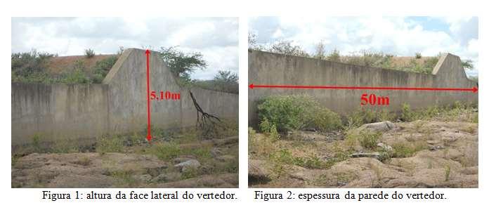 RESULTADOS E DISCUSSÃO As dimensões do vertedor retangular da barragem foram as seguintes: 5,10 m na face lateral, 50 m a espessura da parede, sendo portanto considerado de parede espessa, e 549 m a