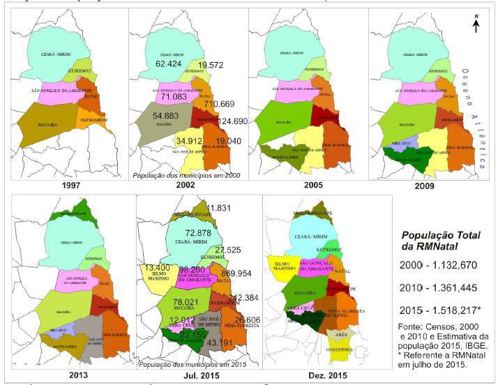 Figura 01: Evolução da composição da RMNatal e número de habitantes em 2000, 2010 e 2015. Fonte: Malha cartográfica do IBGE. Censos Demográficos e Estimativa da população IBGE.