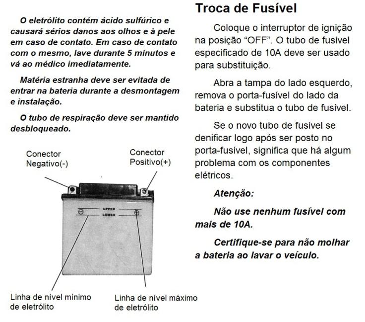 Checagem da Bateria 1 Abra a tampa do lado direito. 2 Limpe a poeira e corrosivos da parte superior da bateria.