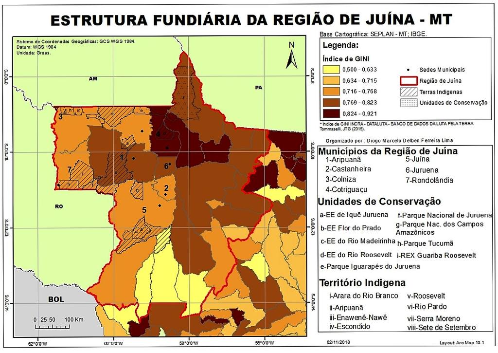 Mapa 01. Estrutura fundiária da região de Juína, Mato Grosso. Elaboração: Gabriela Mattos Santiago.