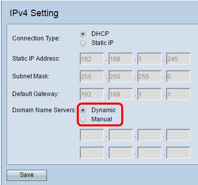 As opções disponíveis são definidas como segue: Dinâmico O WAP adquire os endereços do Domain Name Server (DNS) de um servidor DHCP na rede de área local (LAN).