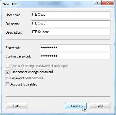 Digite as seguintes informações para a conta: Nome de Usuário: ITE Cisco Nome completo: ITE Cisco Descrição: ITE Student