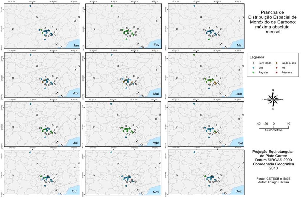 Para isso foi elaborado um mapa de dispersão de poluentes, no qual as estações são marcadas com cores segundo o seu status relativo ao pior resultado do mês e as demais estações segundo o pior